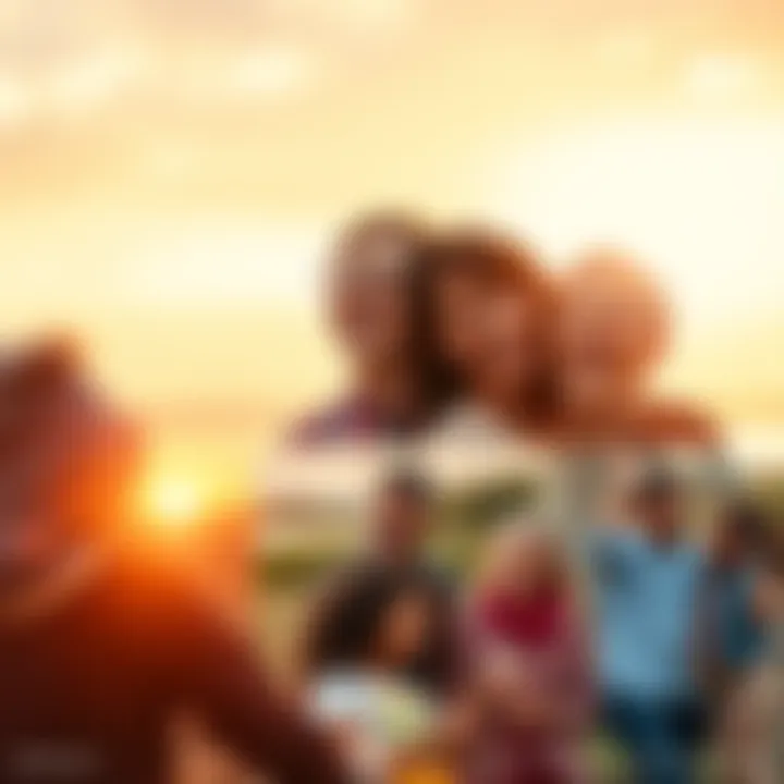 A collage of joyful people sharing memorable experiences, like laughing together at a picnic, watching a sunset, and enjoying family gatherings.