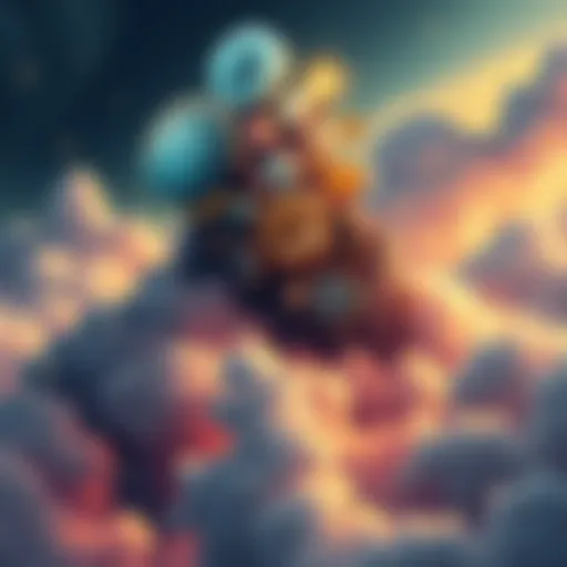 An illustration showing various cryptocurrency tokens rising amidst stormy clouds representing market chaos