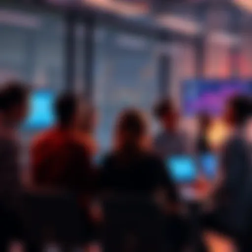 A group of diverse people discussing tokens and asset tokenization in a modern workspace, with digital screens displaying charts and graphs related to finance and technology.