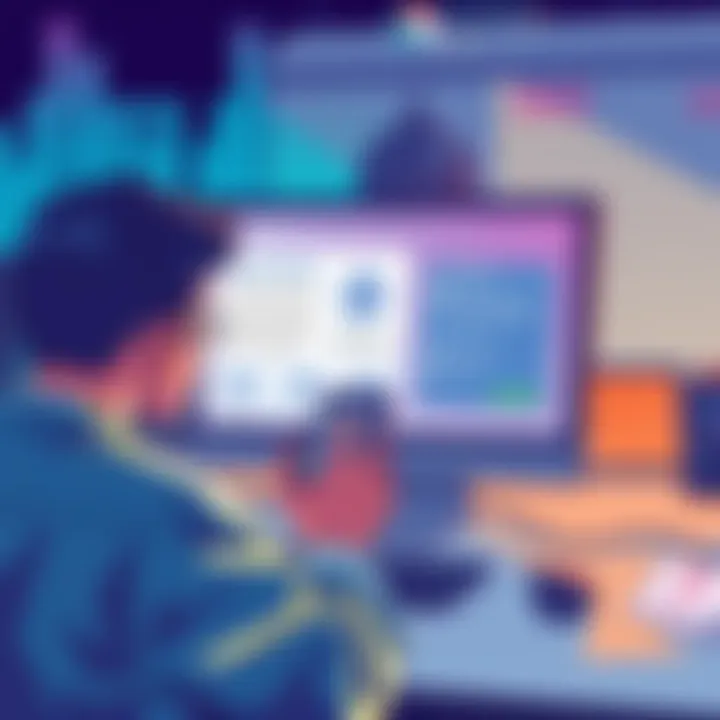 Illustration showing a person looking at a computer screen with information about the Tooling Bounty and contact details for curators