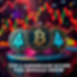 Three popular meme coins on the Algorand platform with crypto symbols and charts in the background