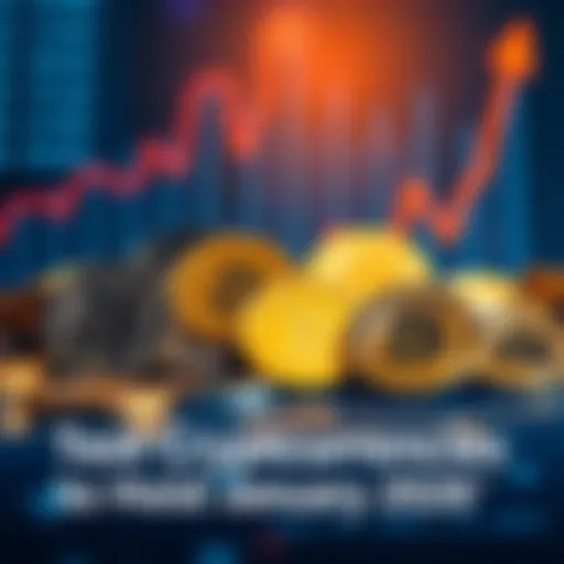 A collection of popular cryptocurrencies represented as coins with upward trends on a graph in the background.