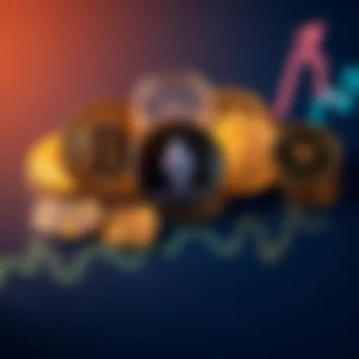 A collection of popular cryptocurrency coins including Bitcoin and Ethereum on a graph showing increasing profits.