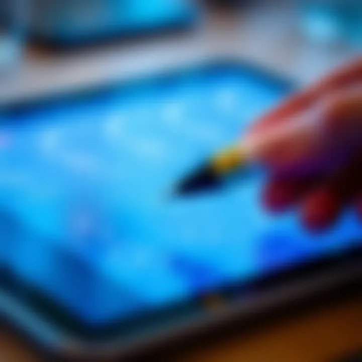 A close-up of a touchscreen pen with a disk tip being used on a tablet screen, highlighting accurate selection of small targets.