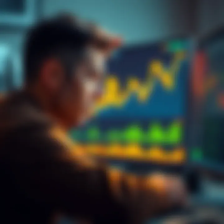 A trader with a distressed expression watches a Bitcoin chart showing a sharp rise, reflecting regret over selling early. Their hand rests on their head in frustration while a computer screen displays fluctuating cryptocurrency prices.