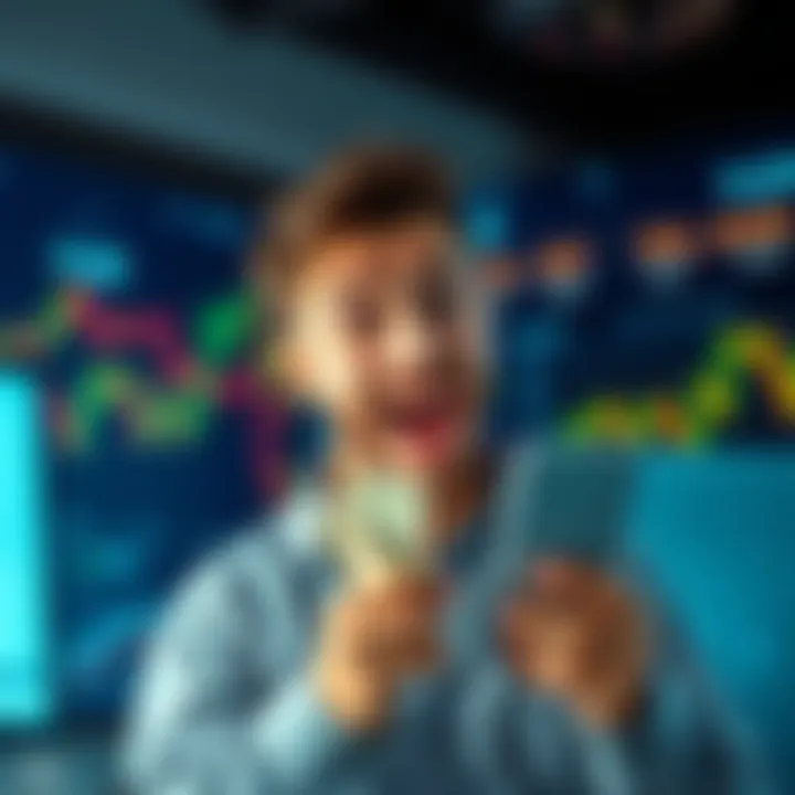A trader looking surprised and happy while checking their earnings from a recent bullrun, with charts and graphs in the background.
