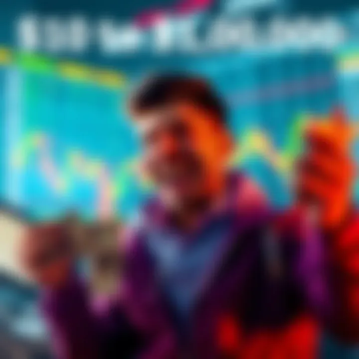 A trader with a big smile, surrounded by charts and cash, showing success from trading gains