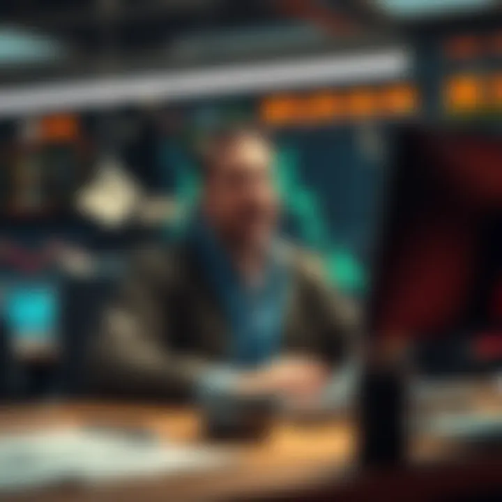 A trader sits at a desk looking shocked and distressed, with a computer screen showing falling graphs and numbers, symbolizing a loss of financial stability.