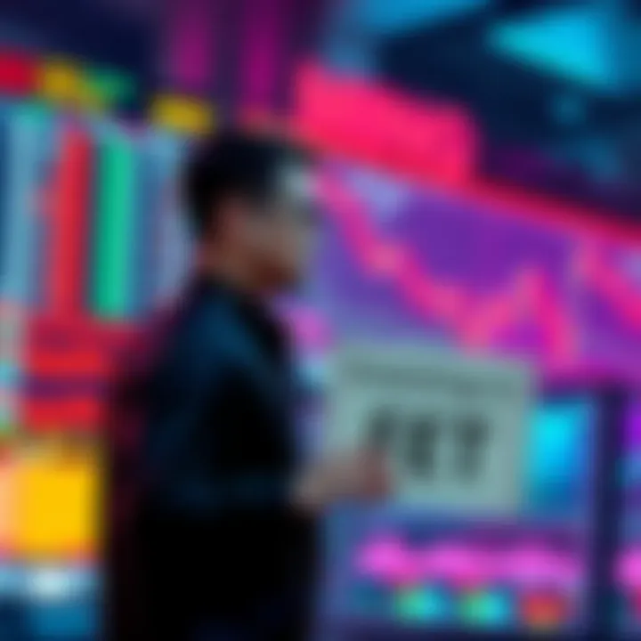A trader looking at cryptocurrency charts while holding a sign that says 'Investing in FET'.