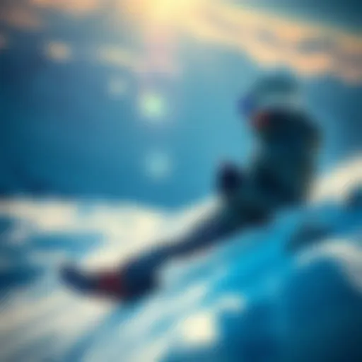 A trader skiing down a snowy slope, looking concerned as their phone shows a declining graph of XRP price.