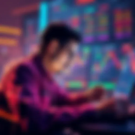 A trader analyzing charts for DOGE and meme coins, focusing on buying dips and selling at peaks.