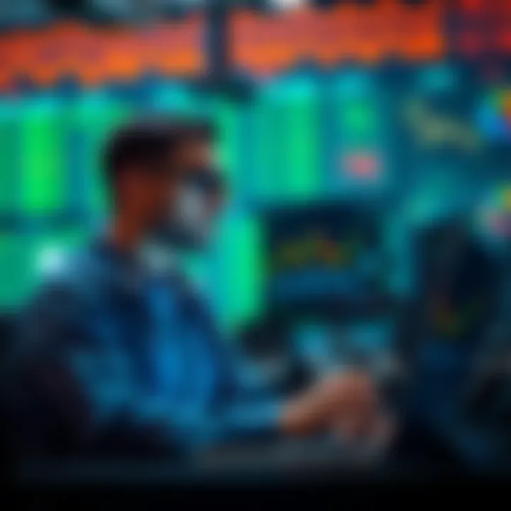 A trader looking worried while checking market charts on a laptop, reflecting on the recent dip in Kaspa's price after their purchase.