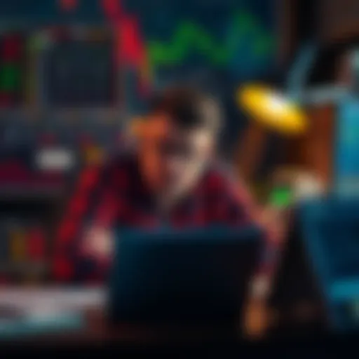 A worried trader sitting at a desk filled with charts and a laptop, looking frustrated while considering creating his own cryptocurrency