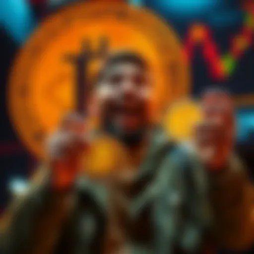 A trader excitedly holding KAS coins with a Bitcoin logo in the background, symbolizing investment potential.