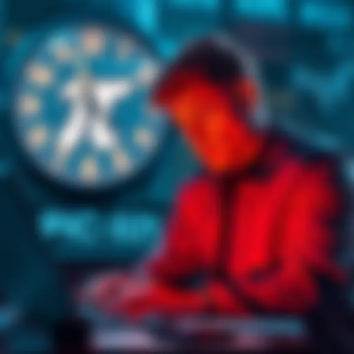 A trader looks concerned while checking Pi prices on a laptop, with a clock showing late night hours in the background, symbolizing uncertainty and anticipation.