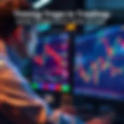 A trader analyzing market charts on a computer screen, showing fluctuating prices and indicators, representing the challenge of timing in trading.