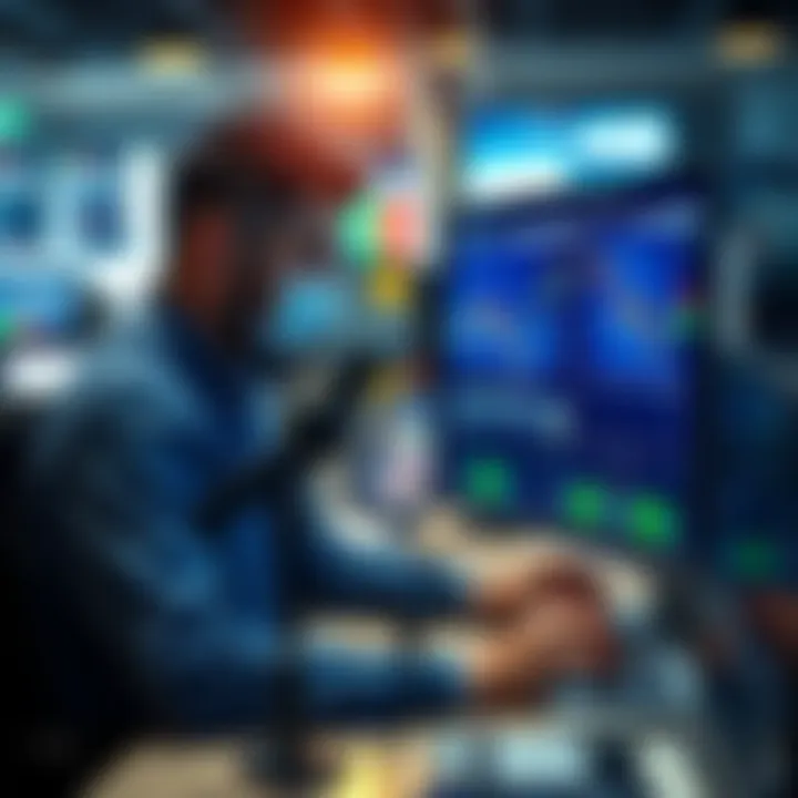 Trader analyzing profit strategies A trader studies charts and graphs on a computer screen, focused on strategies for taking profits in trading.