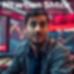 A trader looking worried and surprised while monitoring Ethereum prices on a computer screen amidst a chaotic trading environment.