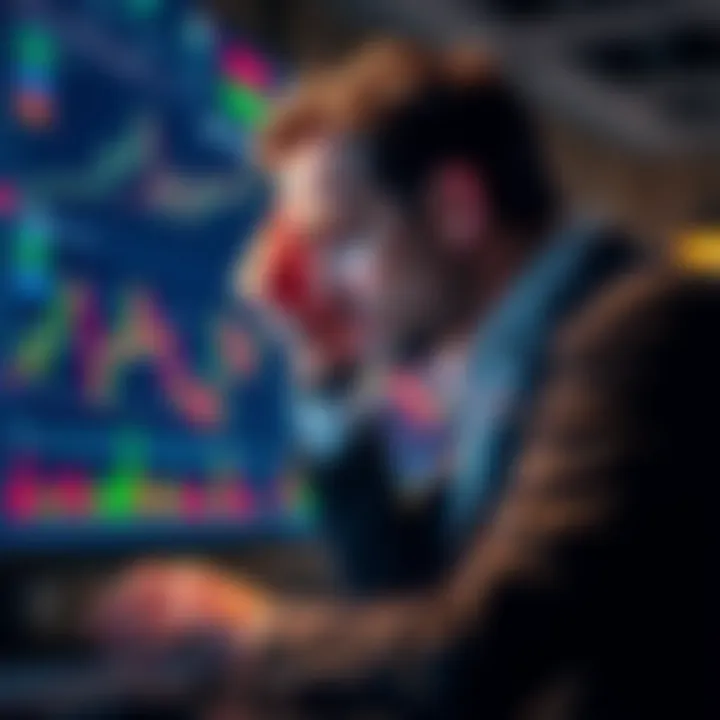 A distressed trader looking at stock charts on a screen, holding his head in disappointment over missed Bitcoin opportunity