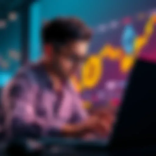 A trader looking worried while checking cryptocurrency prices on a laptop, reflecting on the past sale of Bitcoin for Ethereum at high prices.