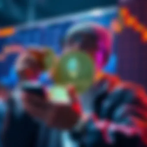 A trader holding Ethereum coins looks optimistic after reinvesting, symbolizing resilience in the crypto market after a significant loss.