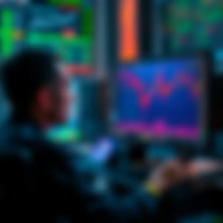 A trader looks at a computer screen showing a downward trend in cryptocurrency prices, representing emotional stress and financial loss.