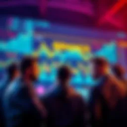 A group of concerned traders discussing issues related to Binance platform, with charts showing market fluctuations in the background.