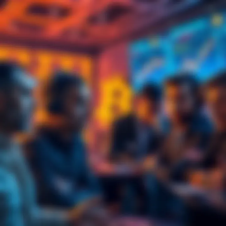 A group of traders engaged in a heated discussion about Bitcoin and investments, showing various reactions like frustration and curiosity.