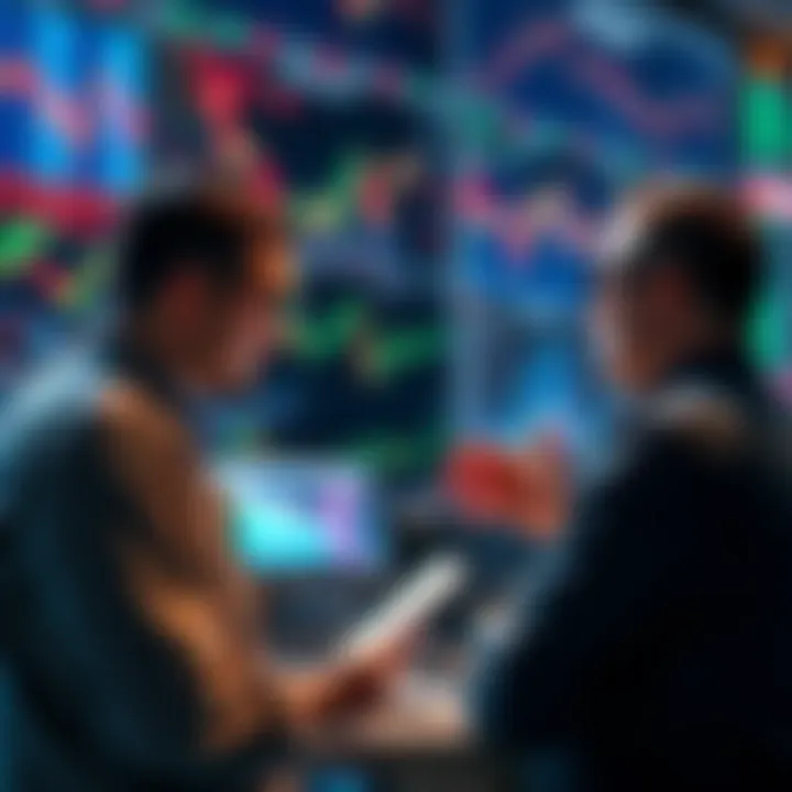 Group of traders analyzing market trends and discussing investment strategies, with charts and graphs on a screen