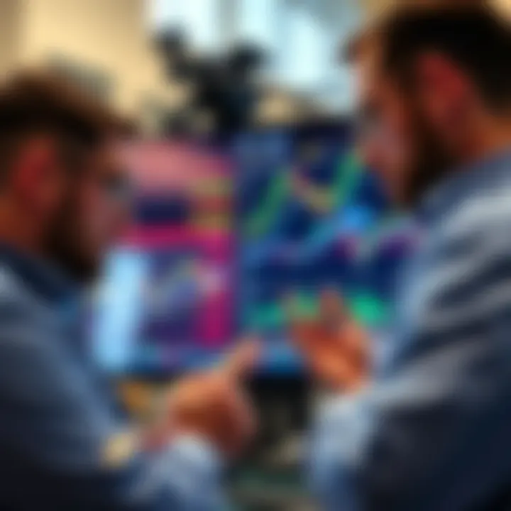 A group of traders discussing a trading chart on a digital screen, with charts and graphs visible.
