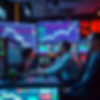 A group of traders intensely watching their computer screens, showing trading charts and graphs, reacting to sudden changes in the market