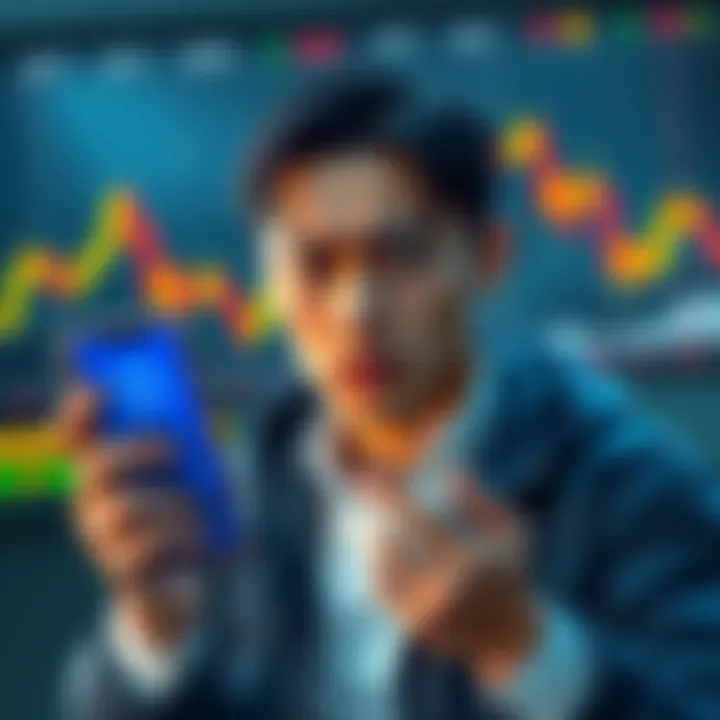 Person looking worried and holding a wet phone with a stock chart in the background