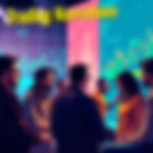 A visual of a diverse group of people discussing cryptocurrency ideas with charts and graphs in the background.