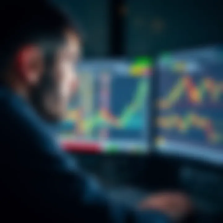 A trader looking at a computer screen showing Bitcoin and altcoin price charts with a concerned expression.