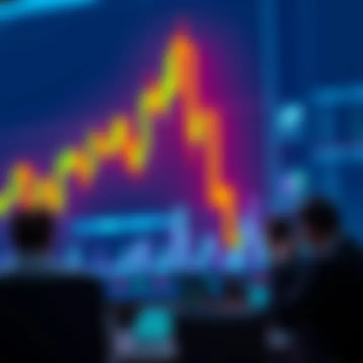 A chart displaying a large bullish candle, signifying strong market movement, surrounded by smaller candles, with traders analyzing the data.