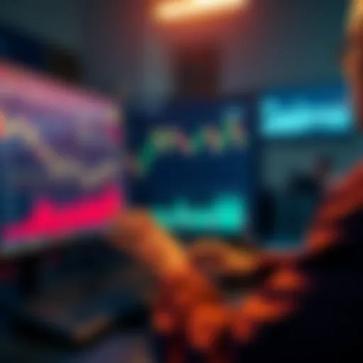 A person analyzing market charts on a computer screen, looking for the best time to sell scamcoins for profit.