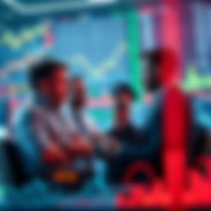 A group of traders discussing market insights with charts and graphs in the background