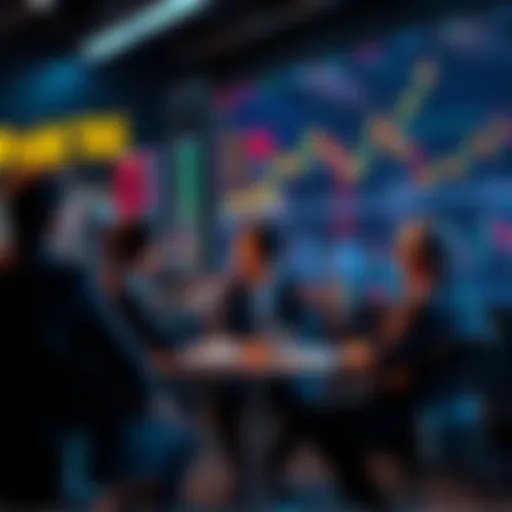 People engaging in a trading discussion with charts and graphs in the background