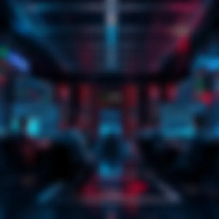 People discussing trading strategies with charts and graphs displayed on screens.