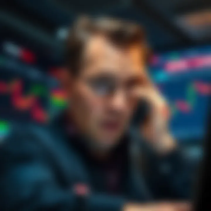 A trader looking stressed over financial charts showing declining values.