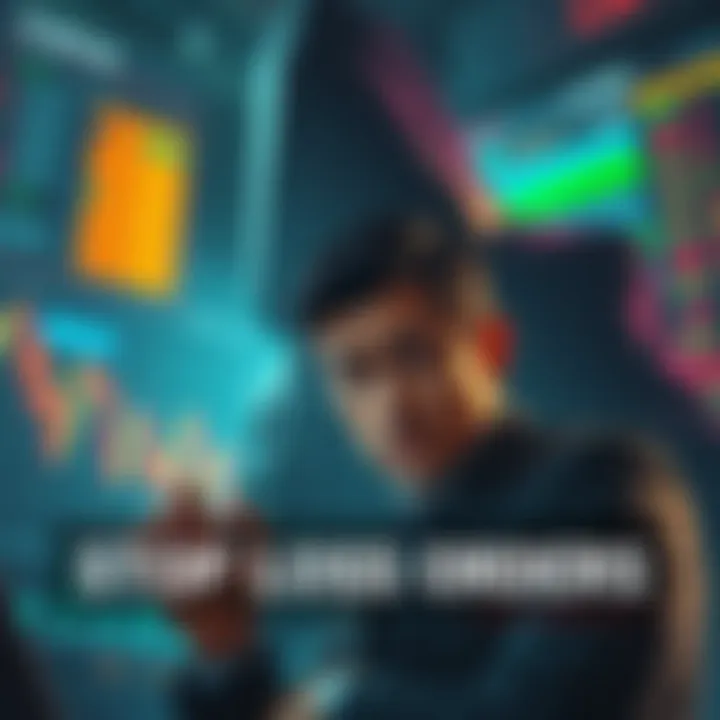 Graphic showing a trader looking worried as a large shadowy figure looms over stock charts, representing market manipulation through stop loss orders.