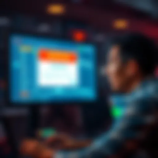 A person looking frustrated at a computer screen displaying a trading platform with a warning message about restrictions.