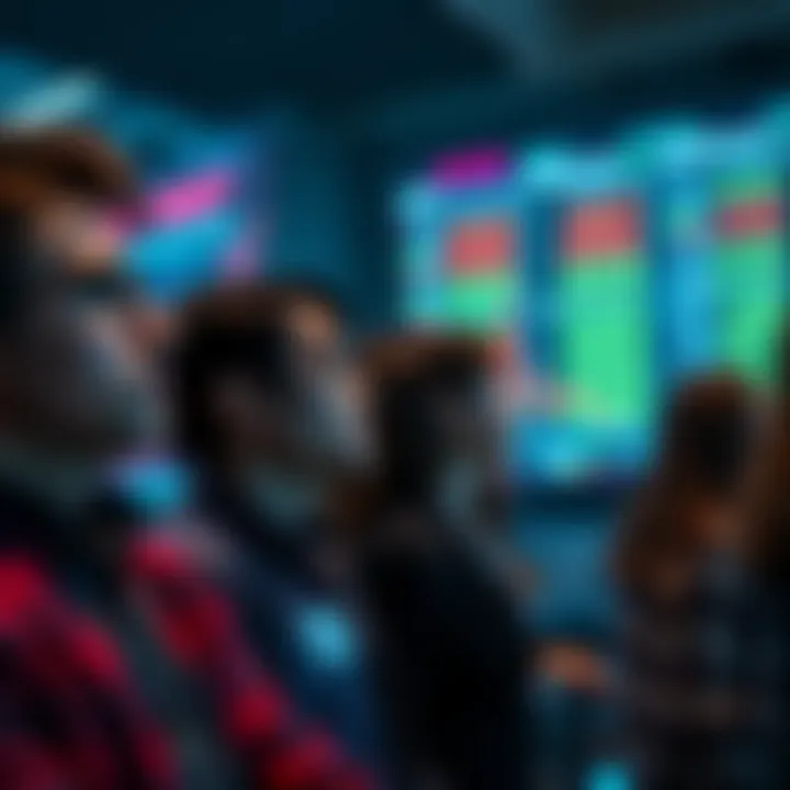 A group of people staring at stock price charts on screens, looking uncertain and contemplative about trading decisions.