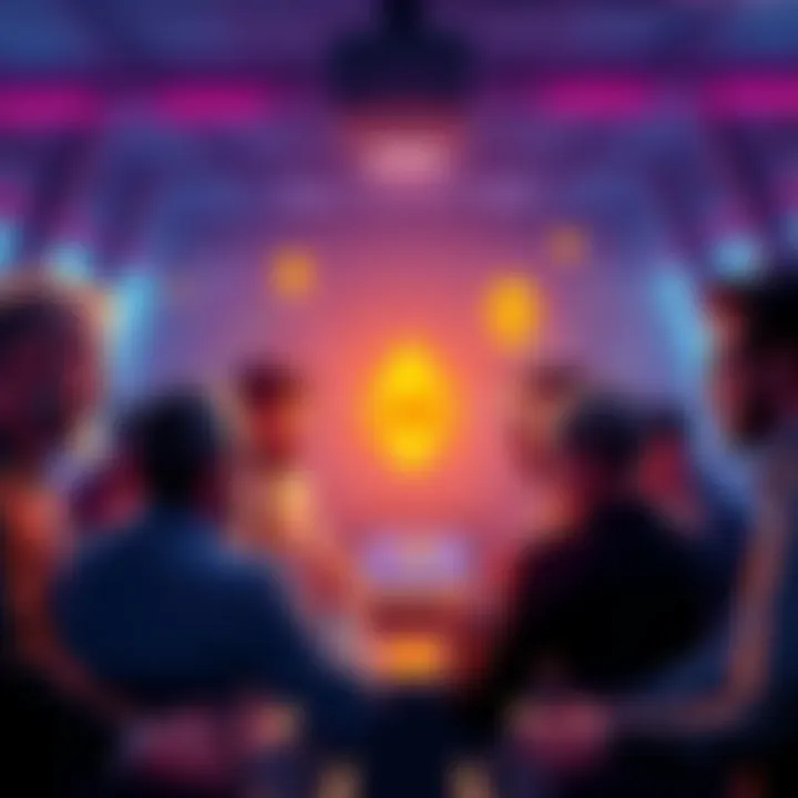 A group of people collaborating on testing a trading tool focused on Ethereum, with graphics displaying cryptocurrency icons.