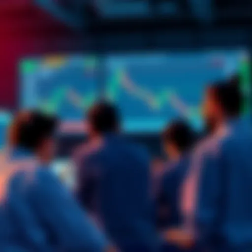 A group of traders looking confused while analyzing charts on TradingView, symbolizing the spread of misinformation in trading. A screen displays conflicting market data.