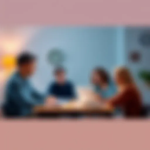 A family gathered around a table discussing a will and account transfer, with legal documents and a laptop present.