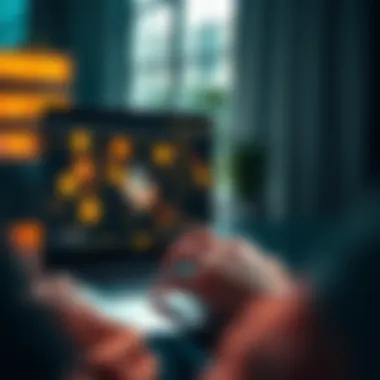 A person using a laptop to transfer cryptocurrency to a cold wallet, showing digital currency icons and a cold storage device on the screen.