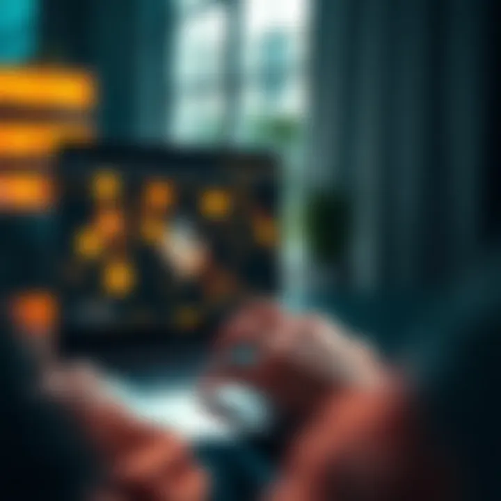 A person using a laptop to transfer cryptocurrency to a cold wallet, showing digital currency icons and a cold storage device on the screen.
