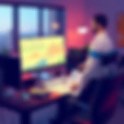A person sitting at a desk, planning and organizing digital crypto assets for transfer on a computer screen, surrounded by charts and notes.