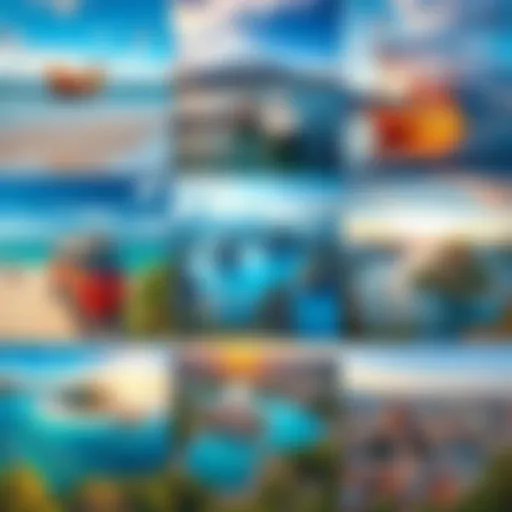 A collage of top travel spots and experiences from an overseas holiday including beaches, mountains, and cityscapes.